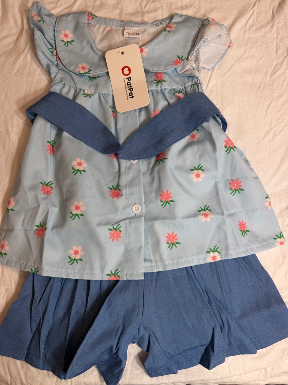PatPat Light Blue Floral Top with Blue Shorts Set